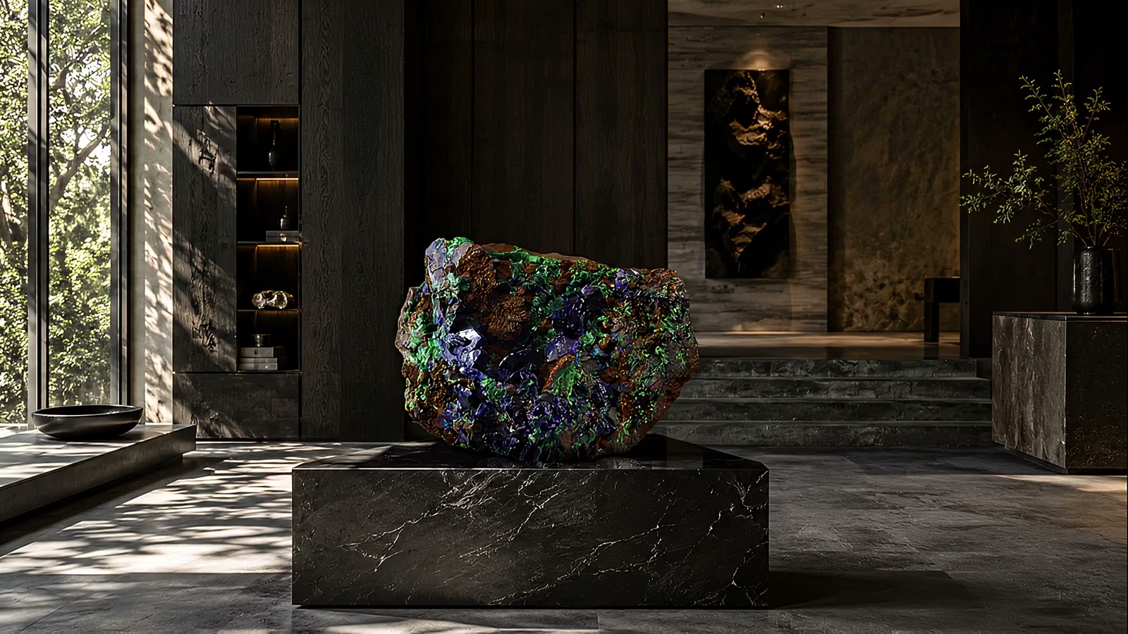 A fine mineral specimen shown as sculpture in a living space